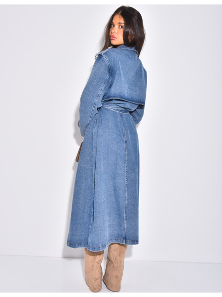 Sehr langer Jeans-Trenchcoat mit Gürtel
