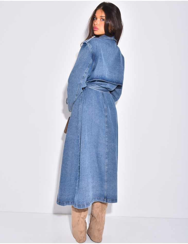 Sehr langer Jeans-Trenchcoat mit Gürtel