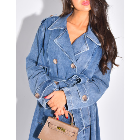 Sehr langer Jeans-Trenchcoat mit Gürtel