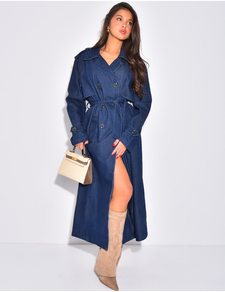 Sehr langer Jeans-Trenchcoat mit Gürtel