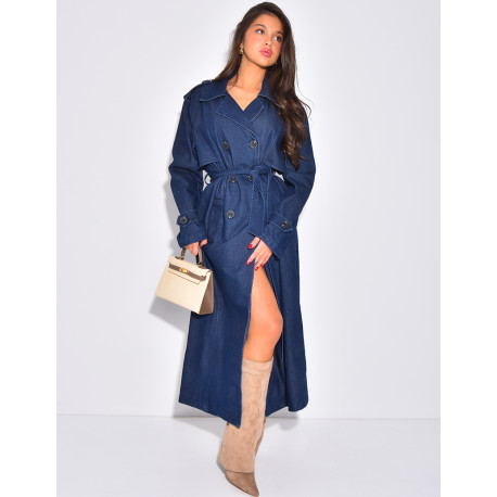 Sehr langer Jeans-Trenchcoat mit Gürtel
