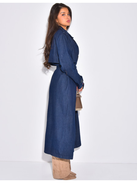 Sehr langer Jeans-Trenchcoat mit Gürtel