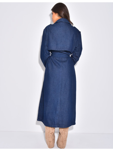 Sehr langer Jeans-Trenchcoat mit Gürtel