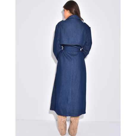 Sehr langer Jeans-Trenchcoat mit Gürtel