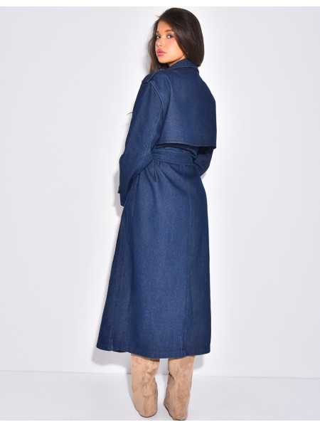 Sehr langer Jeans-Trenchcoat mit Gürtel