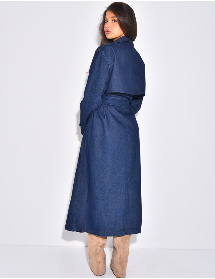 Sehr langer Jeans-Trenchcoat mit Gürtel
