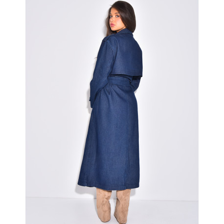 Sehr langer Jeans-Trenchcoat mit Gürtel