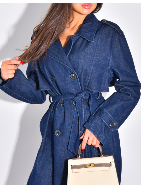 Sehr langer Jeans-Trenchcoat mit Gürtel