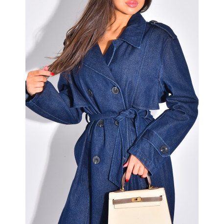 Sehr langer Jeans-Trenchcoat mit Gürtel