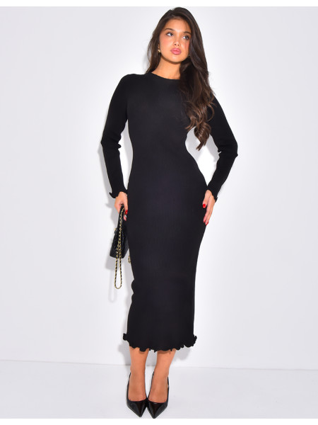 Robe longue en maille côtelée col montant