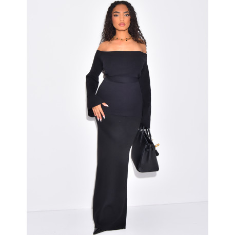 2-piece set with long skirt and off-the-shoulder top with tie fastening