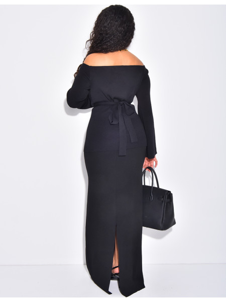 2-piece set with long skirt and off-the-shoulder top with tie fastening