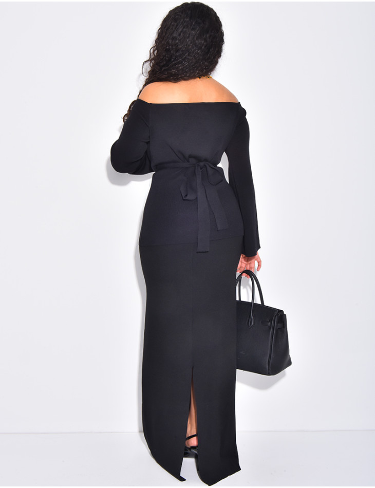 2-piece set with long skirt and off-the-shoulder top with tie fastening