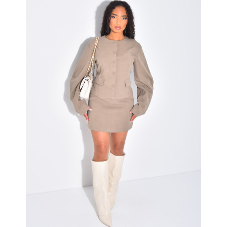 Ensemble 2 pièces blazer à manches ballons et jupe courte