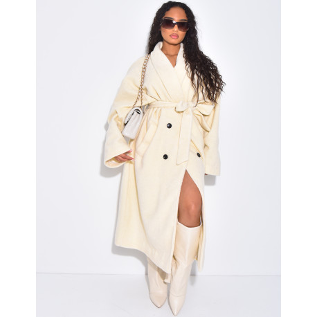 Manteau long très oversize en laine bouillie à nouer à la taille