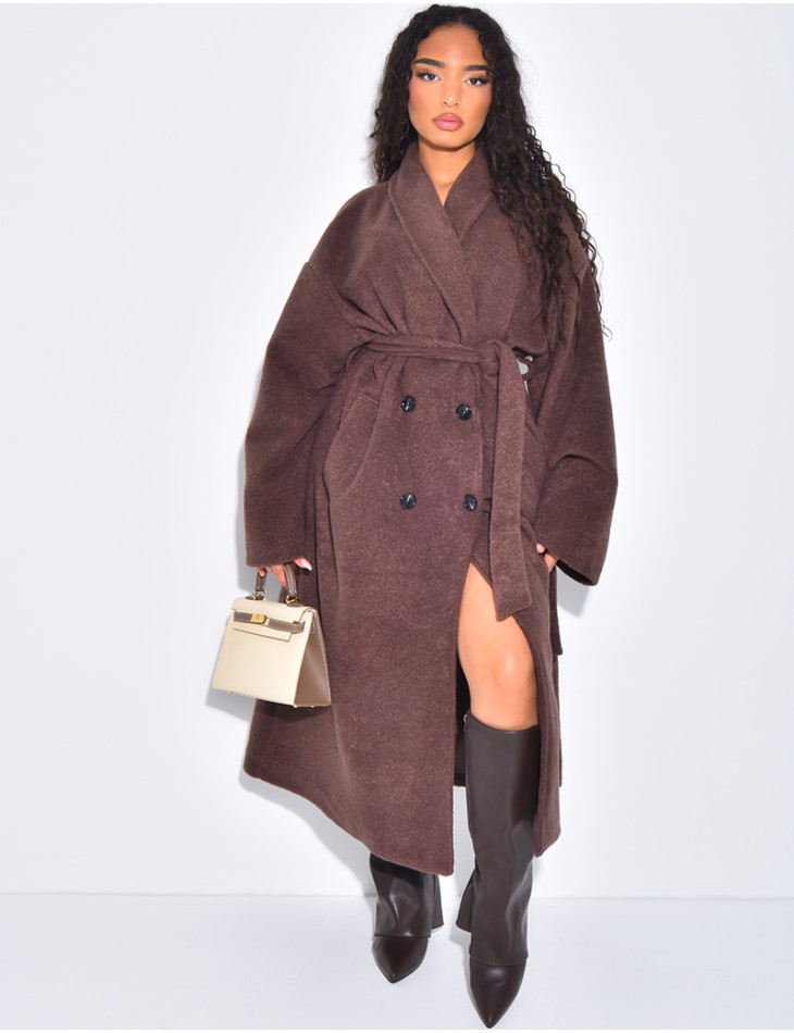 Manteau long très oversize en laine bouillie à nouer à la taille