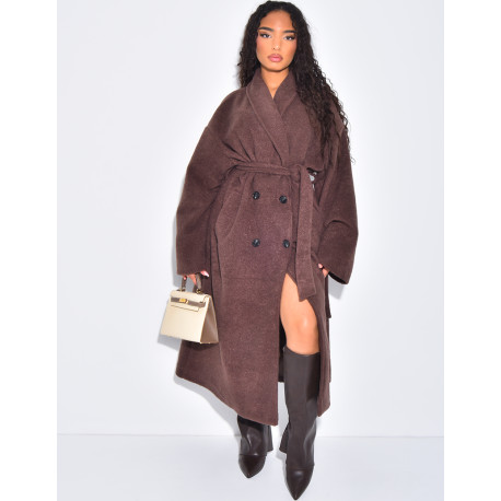 Manteau long très oversize en laine bouillie à nouer à la taille