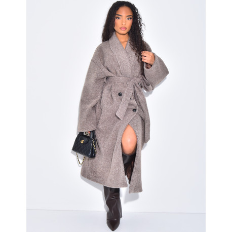 Manteau long très oversize en laine bouillie à nouer à la taille