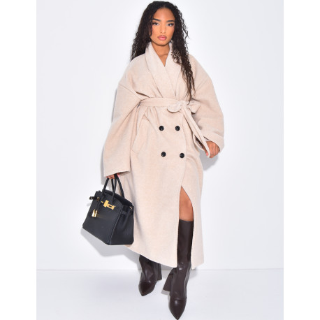 Manteau long très oversize en laine bouillie à nouer à la taille