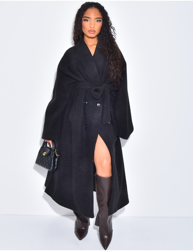 Manteau long très oversize en laine bouillie à nouer à la taille