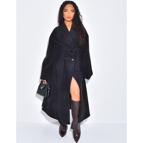 Manteau long très oversize en laine bouillie à nouer à la taille