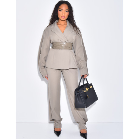 Ensemble tailleur 2 pièces blazer à ceinture en cuir et pantalon boutonné