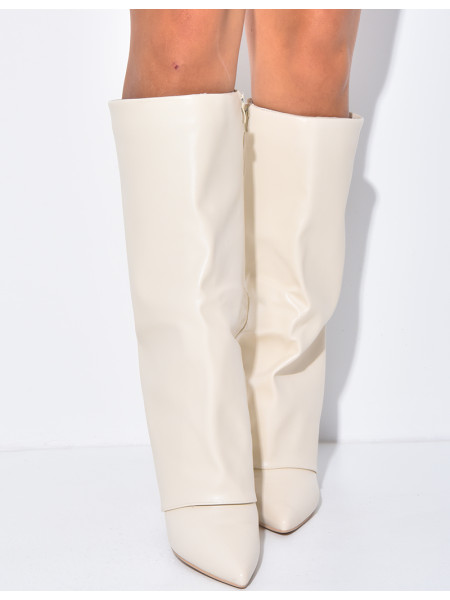 Faux leather boots with stiletto heels and flaps