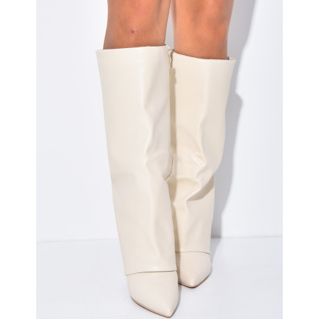 Faux leather boots with stiletto heels and flaps