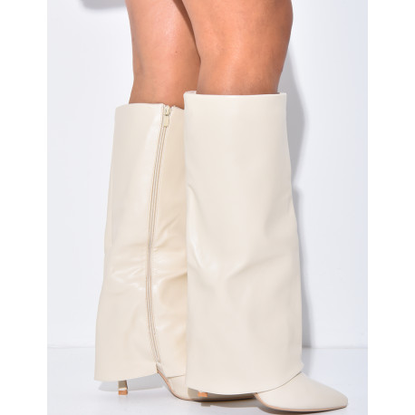 Faux leather boots with stiletto heels and flaps