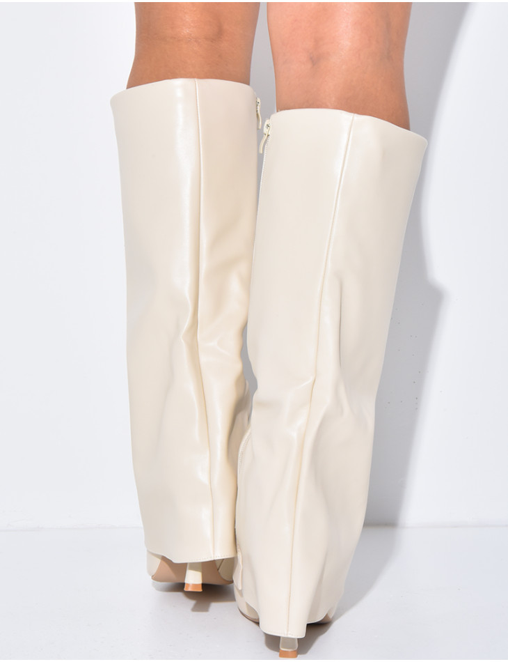 Faux leather boots with stiletto heels and flaps