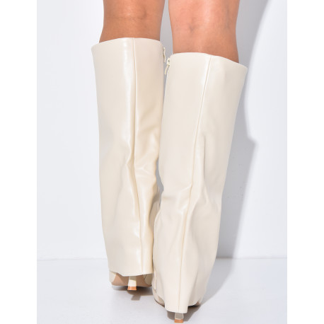 Faux leather boots with stiletto heels and flaps