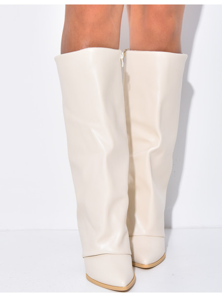 Faux leather cowboy boots with square heels and turn-ups