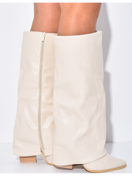 Faux leather cowboy boots with square heels and turn-ups