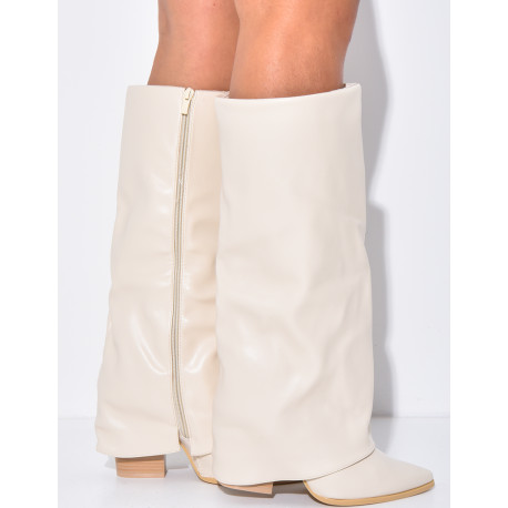 Faux leather cowboy boots with square heels and turn-ups