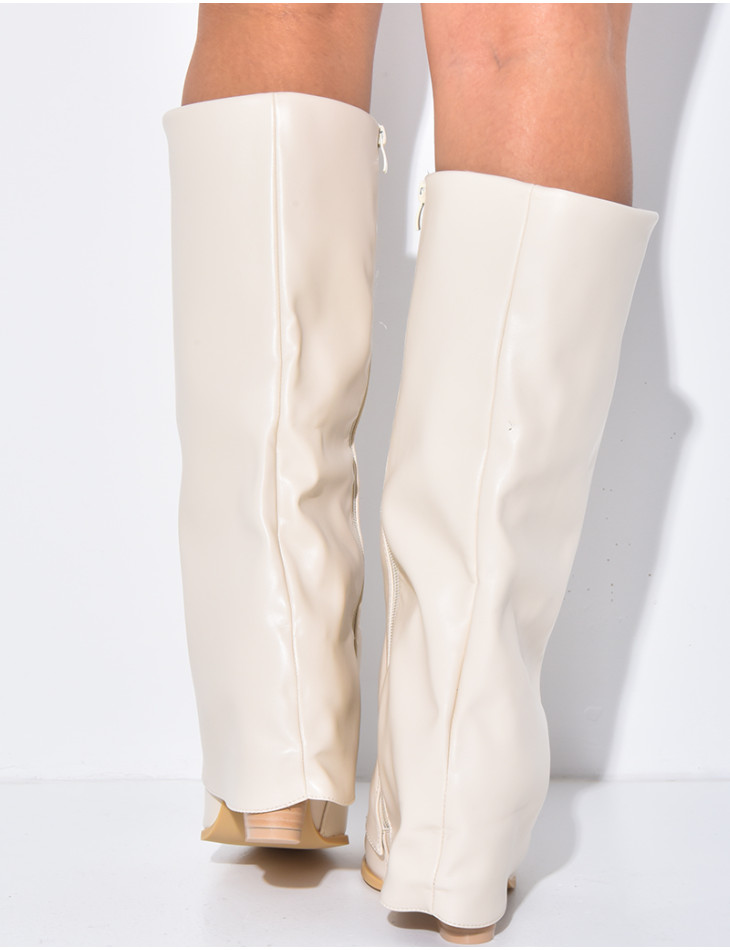 Faux leather cowboy boots with square heels and turn-ups