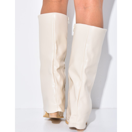 Faux leather cowboy boots with square heels and turn-ups