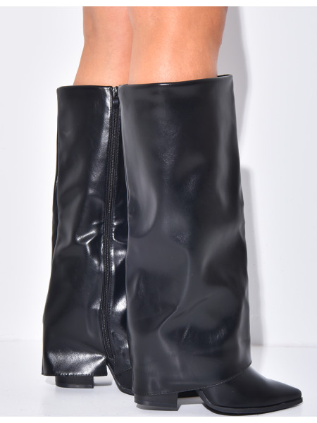 Faux leather cowboy boots with square heels and turn-ups