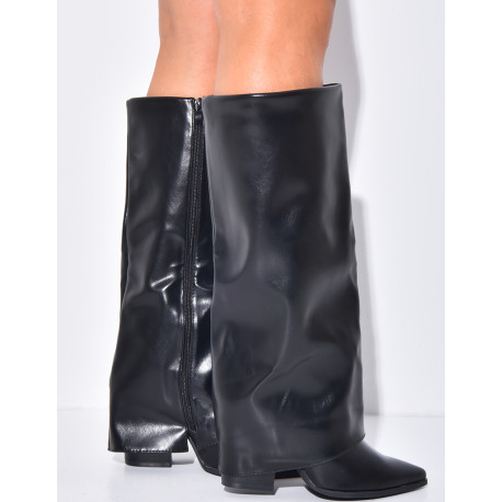 Faux leather cowboy boots with square heels and turn-ups
