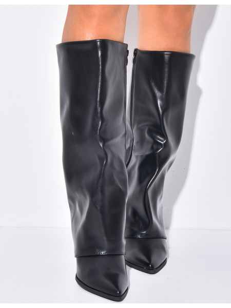 Faux leather cowboy boots with square heels and turn-ups
