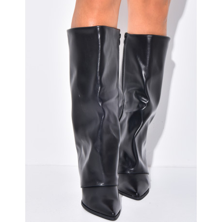 Faux leather cowboy boots with square heels and turn-ups