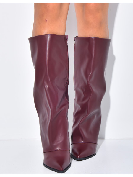 Faux leather cowboy boots with square heels and turn-ups