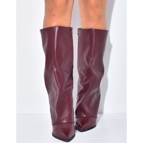 Faux leather cowboy boots with square heels and turn-ups