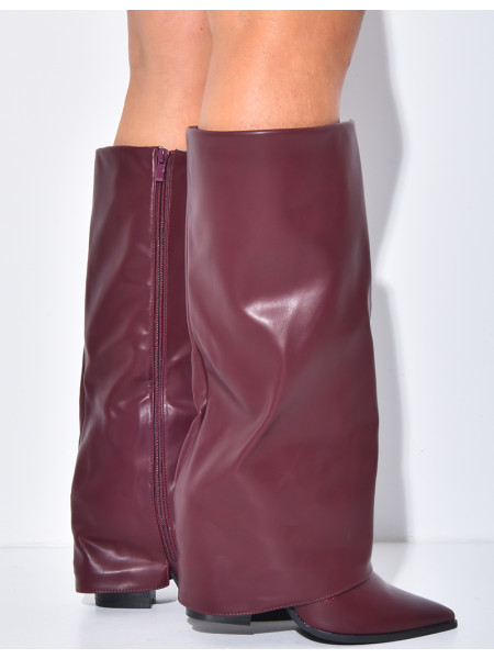 Faux leather cowboy boots with square heels and turn-ups