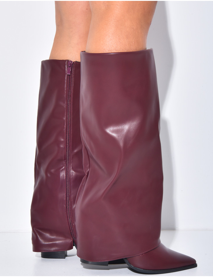 Faux leather cowboy boots with square heels and turn-ups
