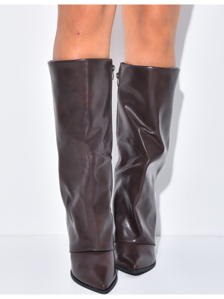 Faux leather cowboy boots with square heels and turn-ups