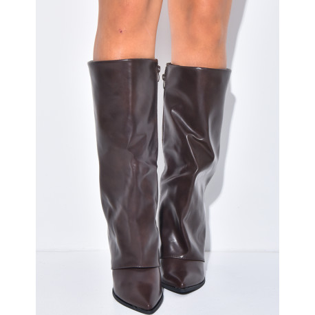 Faux leather cowboy boots with square heels and turn-ups