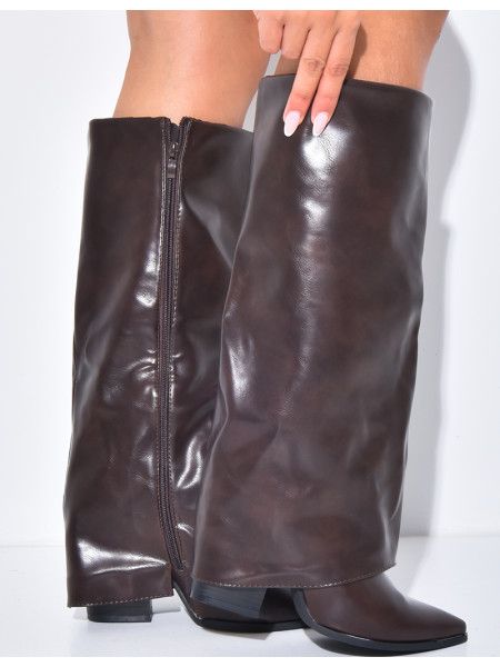 Faux leather cowboy boots with square heels and turn-ups