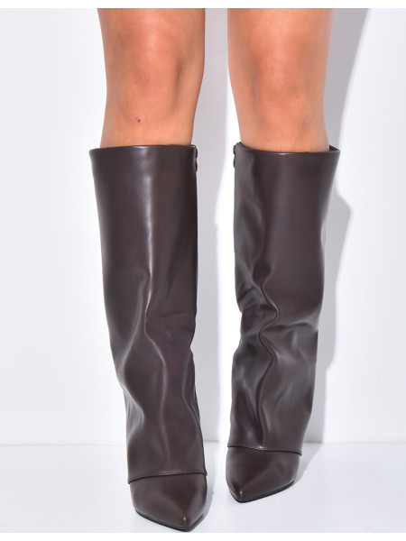 Faux leather boots with stiletto heels and flaps