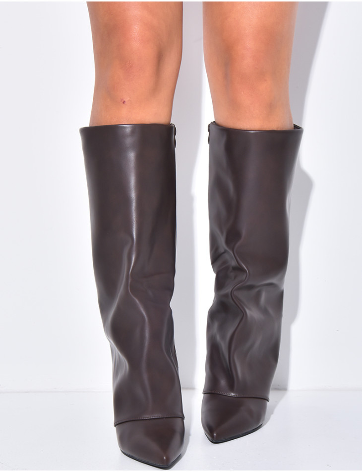 Faux leather boots with stiletto heels and flaps