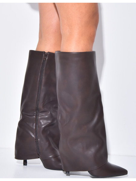 Faux leather boots with stiletto heels and flaps